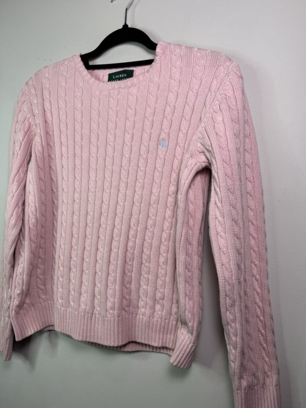 VTG Ralph Lauren Womens Cotton Cable Knit Crew Neck Sweater RLL Logo Pink L - Picture 7 of 14